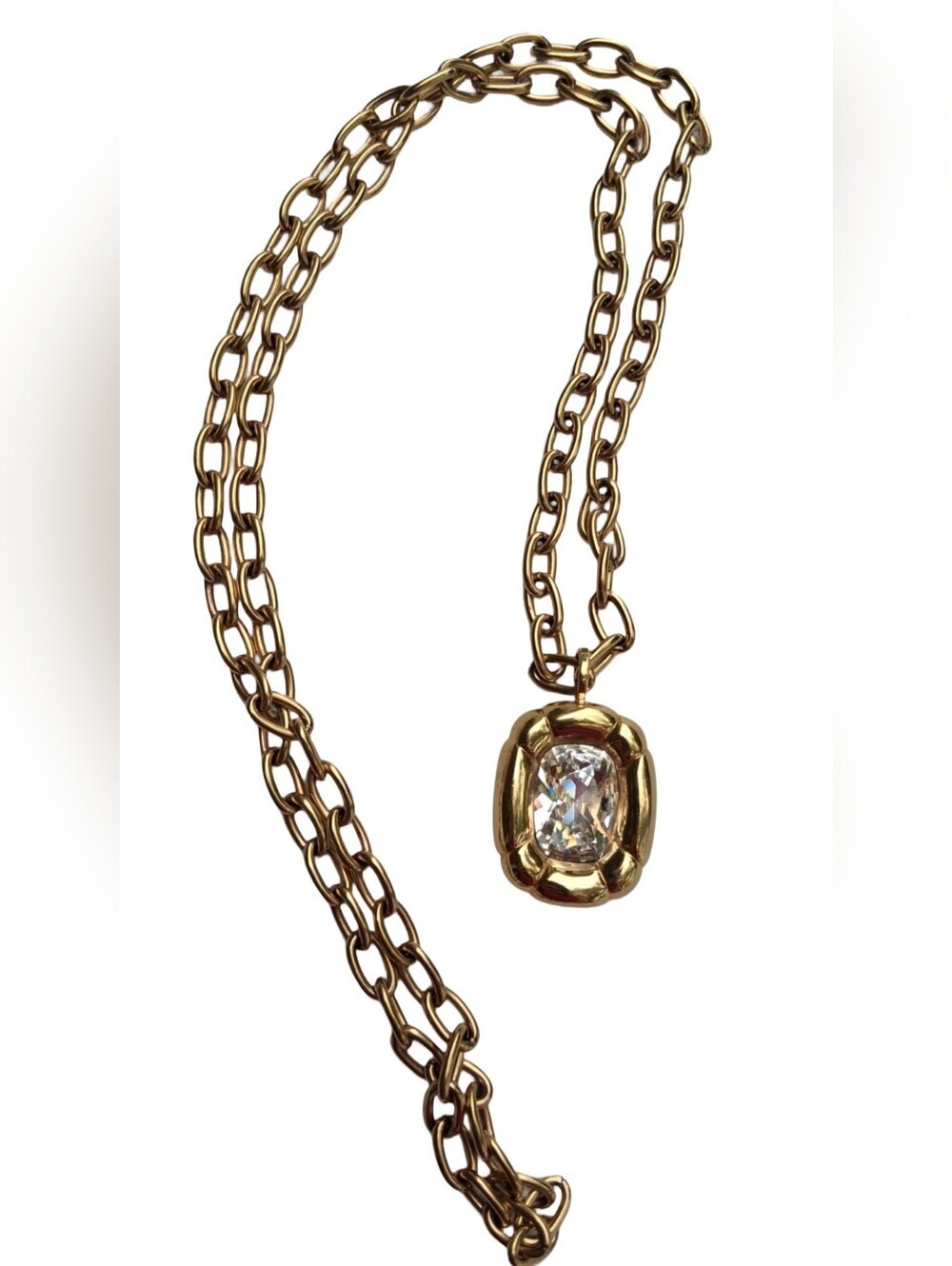 Vintage Swarovski Swan Logo Gold Tone Chunky Chain Cushion Cut Crystal Necklace